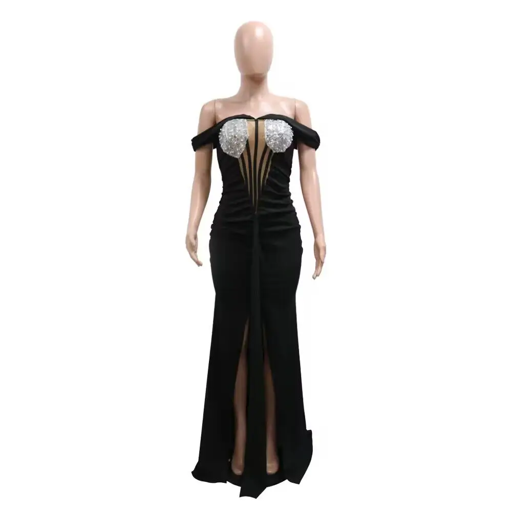 Abito nero con una spalla di paillettes 2023 abiti da sera aderenti da festa Sexy donna estate elegante lusso Maxi fessura abiti lunghi in rete