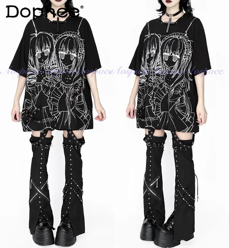 

Lolita Original Design Off-shoulder Round Neck Short-sleeved T-shirt Y2k Subculture Sweet Cool Girl Comic Goth Style T-shirt