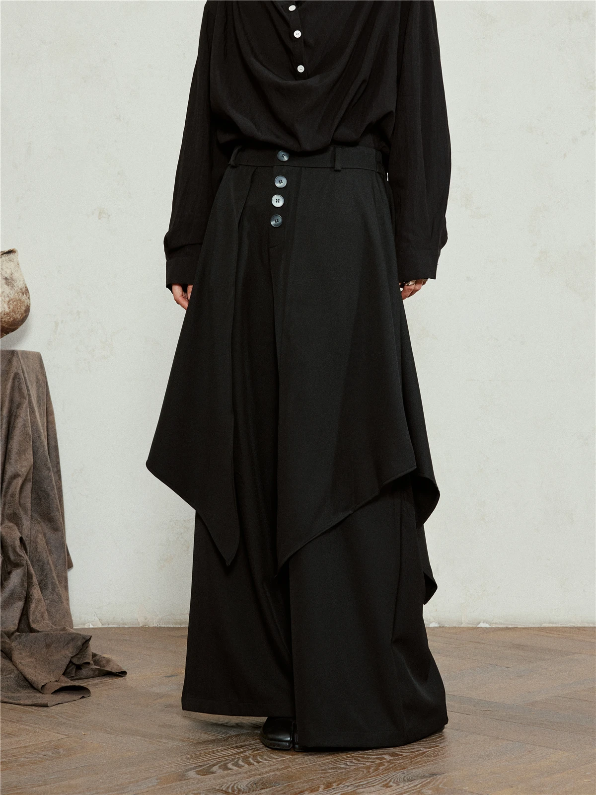 

SUNYVONNE Dark Style Deconstructed Asymmetrical Wide Leg Pants Unisex Casual Skirt Pants Natural Waist Button Polyester Fiber