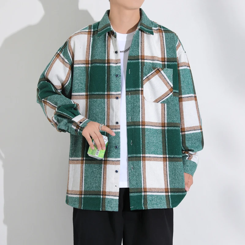 Casual Men's Plaid Cotton Shirts 2025 Spring Autumn Long Sleeve Tops Woolen Coats Youth Streetwear Loose Button Checker Jackets