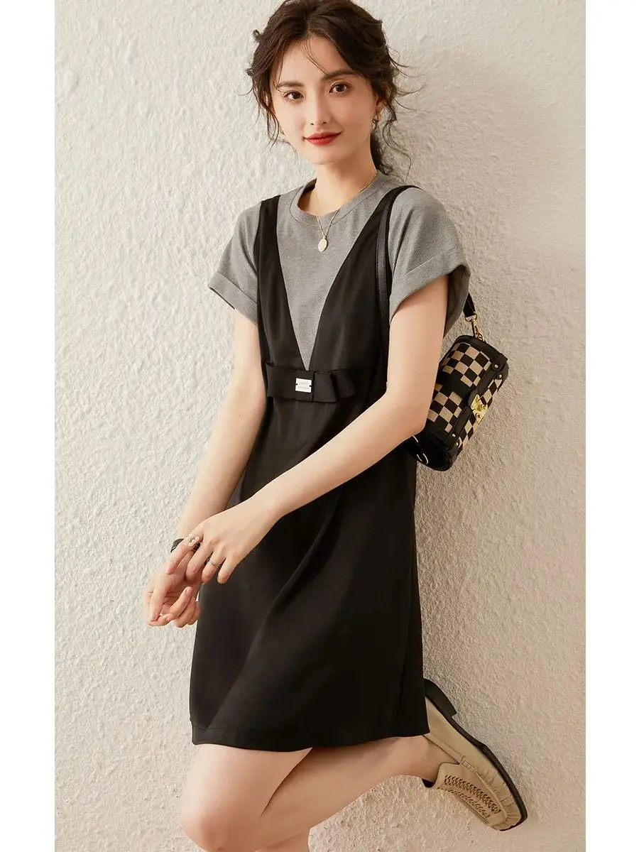 LOUIS YAO Women Dress Contrast Color Loose Fit A-line Knee-length Round Neck Short Sleeve Bow Office Lady Black Dress