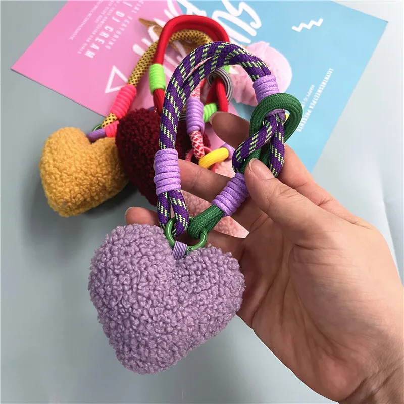 Car Keychain Heart Plush Keychain Colorful Lanyard Bag Keyring Accessories Fashion Wrist Strap Anti-lost Pendant Keychains