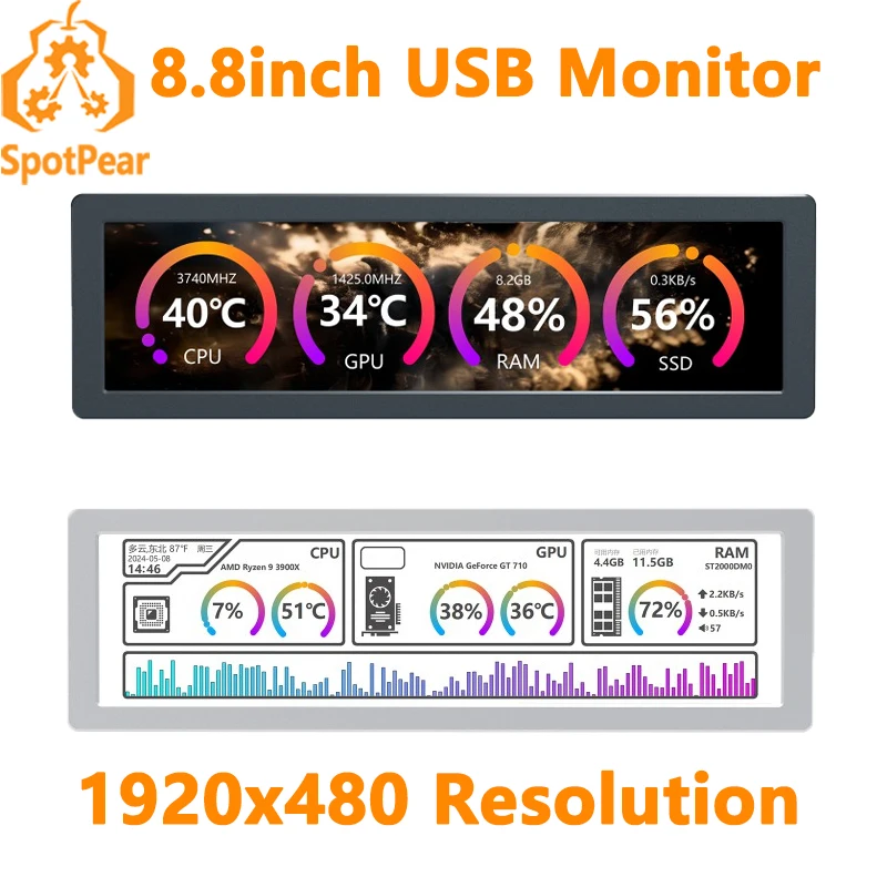 

8.8inch LCD 1920x480 Computer PC Monitor Display Secondary Screen TypeC USB CPU RAM