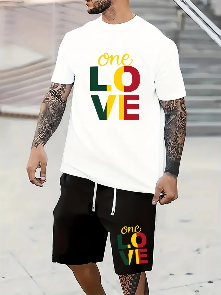 One Love Monogram-printed Men's Short Sleeve Shorts Set Summer Casual Everyday Men's T-shirt Outdoor Sports Men's Beach Shorts