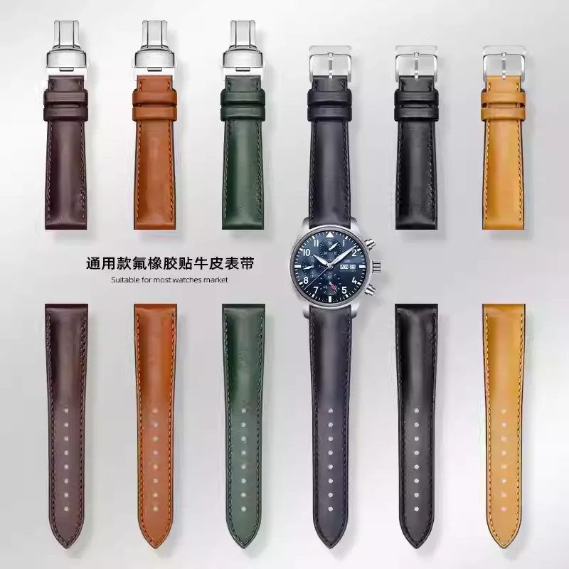 

Genuine leather+Flurorubber watch strap high quality cowhide leather Butterfly buckle belt Men's Waterproof Durable watchband