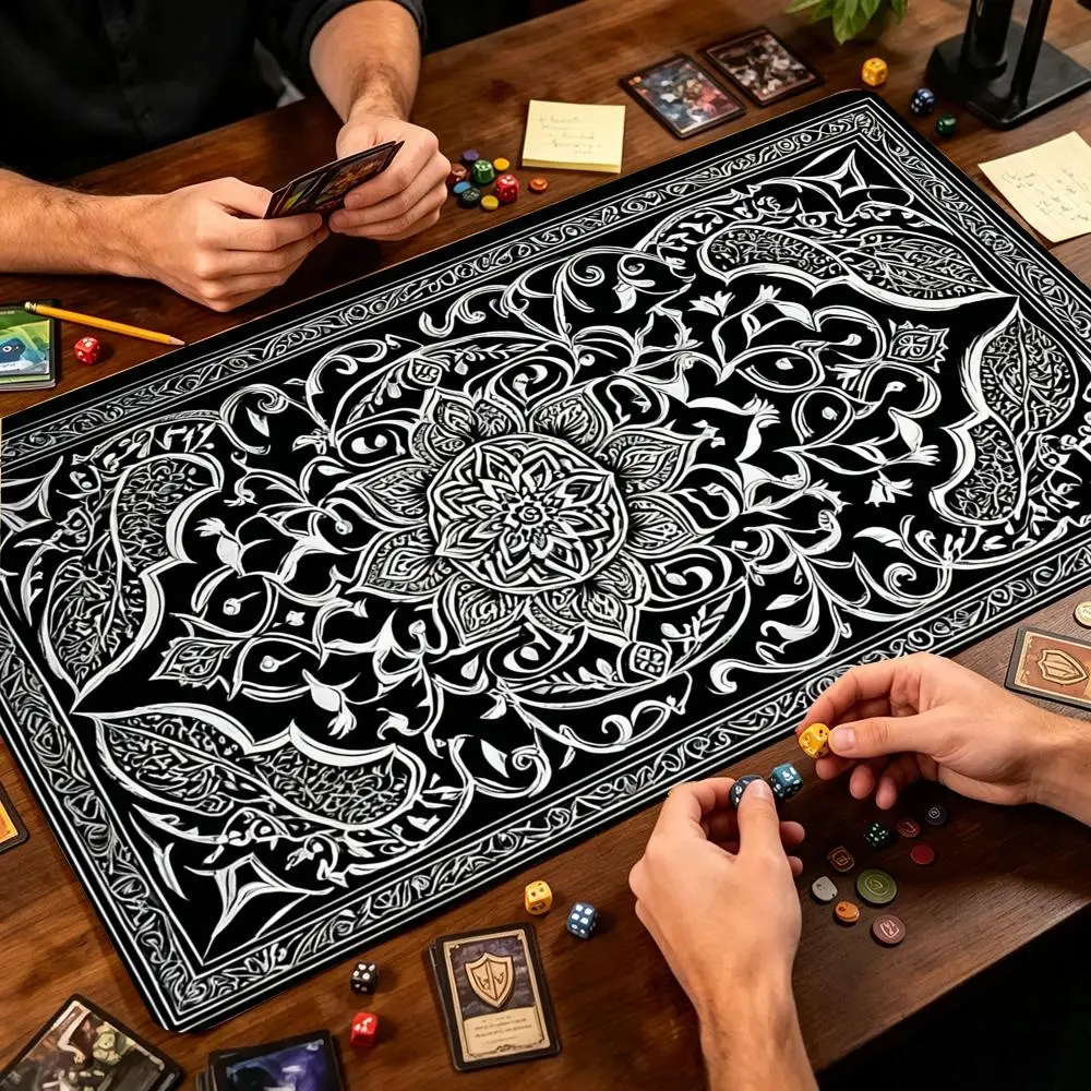 Simple Silver Floral Frame Playmat Large Gaming Mouse Pad Non-Slip Rubber  TCG Card Game Desk Mat Mousepad Gathering Gaming Mat