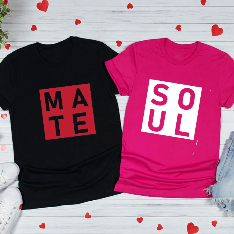 Soul Mate Letter Print LoversT Shirt Couple Short Sleeve O Neck Loose Tshirt Summer Women Man Tee Shirt Tops Camisetas Mujer