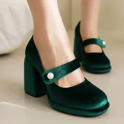 Velour Velvet Elegant Ladies Dress Pumps Dark Olive Green Black High Heels For Women Closed Toe Mary Janes Chunky Heels Stiletto