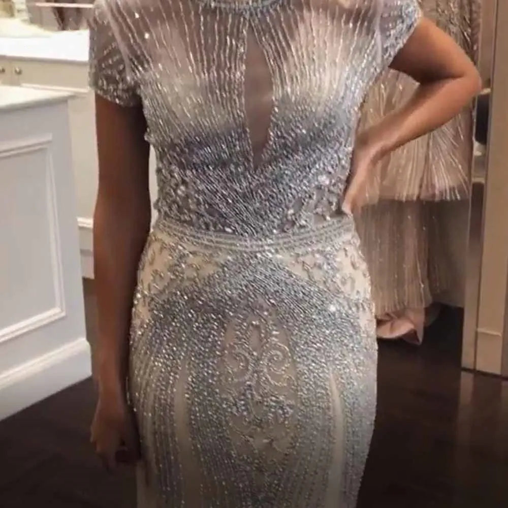 Long Luxury Rhinestones Short Sleeves Mermaid Evening Dress Scoop Neck Pageant Dresses Formal Gown Robe Soiree Vestidos De Gala