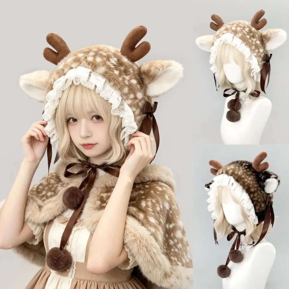 Cute Thick Deer Pattern Faux Fur Hat Warm Leg Cover Cross-tie Scarf Comfortable Fit Soft Fluffy Mink Fur Fake Collar Christmas