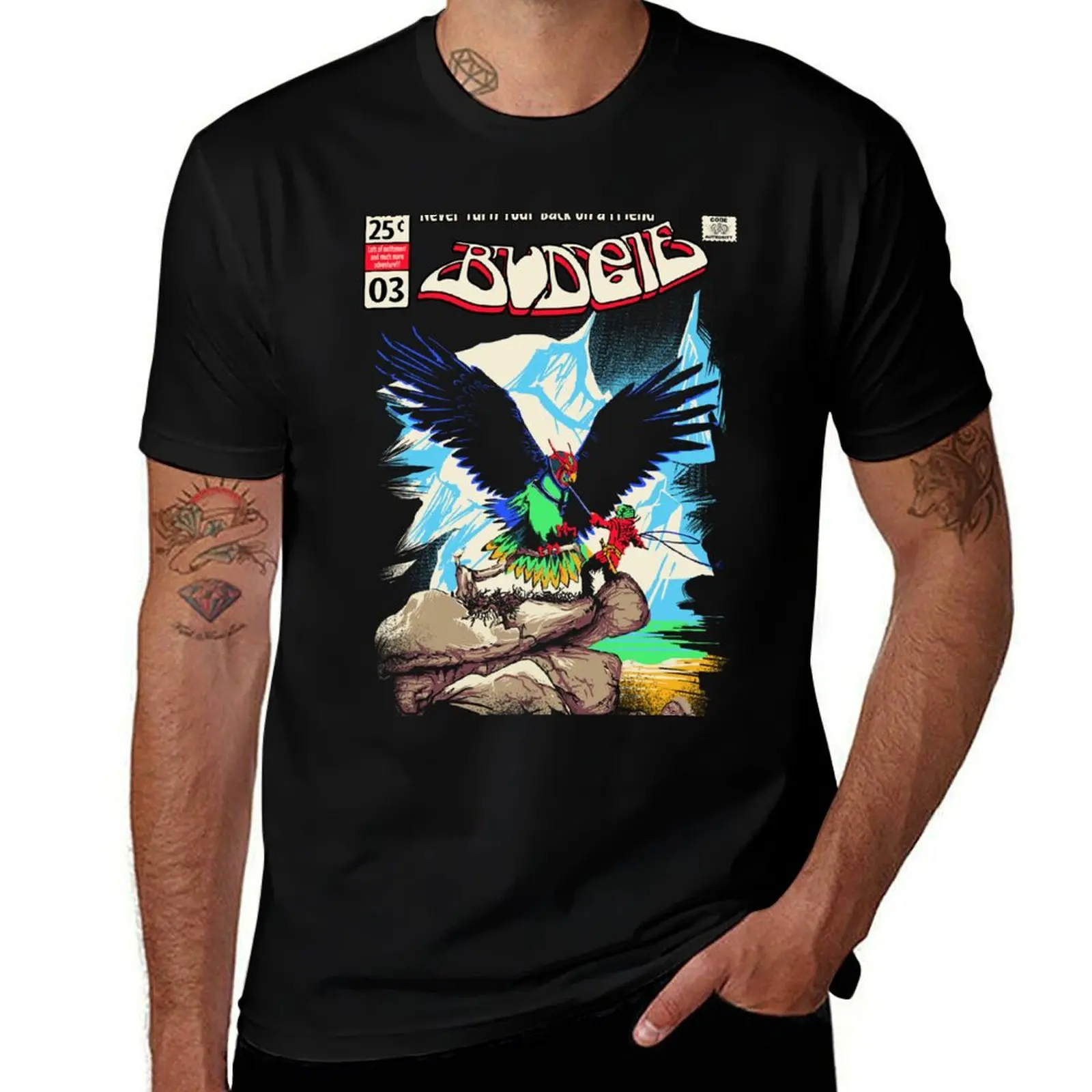 

Budgie Band, Comic Cover style, Never Turn Back on a Friend T-Shirt anime t shirts for man t shirts for man graphic cars