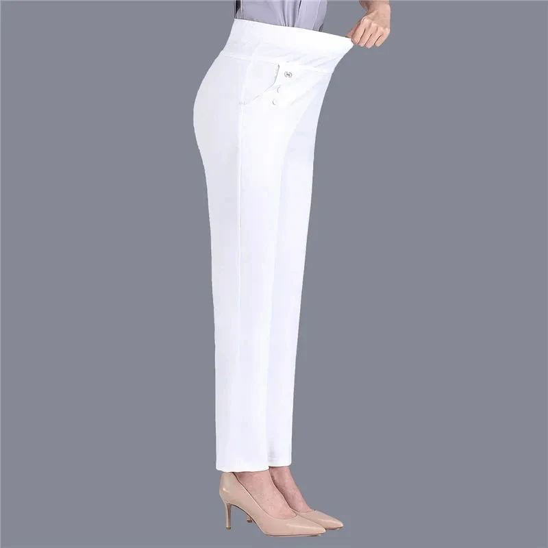 Plus Size Casual Women Elastic Basics Pencil Pants Straight Trousers OL Candy Colors High Waist Ankle-Length Pants Middle-aged