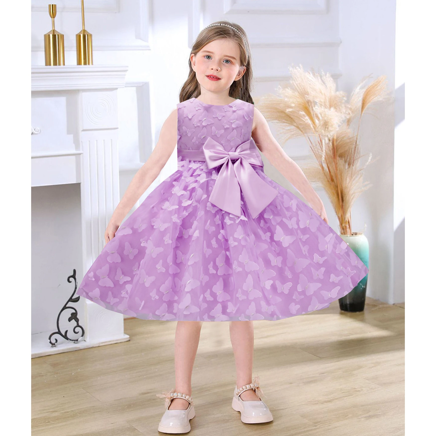 Grace Stylish Butterfly Bowknot Appliqued Flower Girl Birthday Party Pageant Formal Dance Party Dress