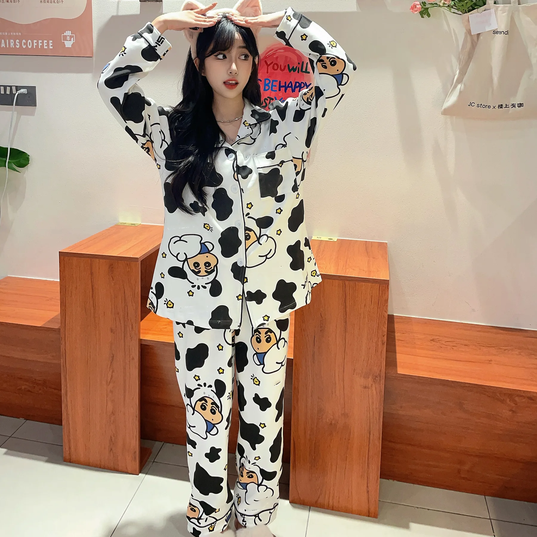 

New Crayon Shin-Chan Pajama Set Cartoon Cow Autumn and Winter Home Wear Pajamas Set Long Sleeve Warm Pajamas for Home Wear Gift