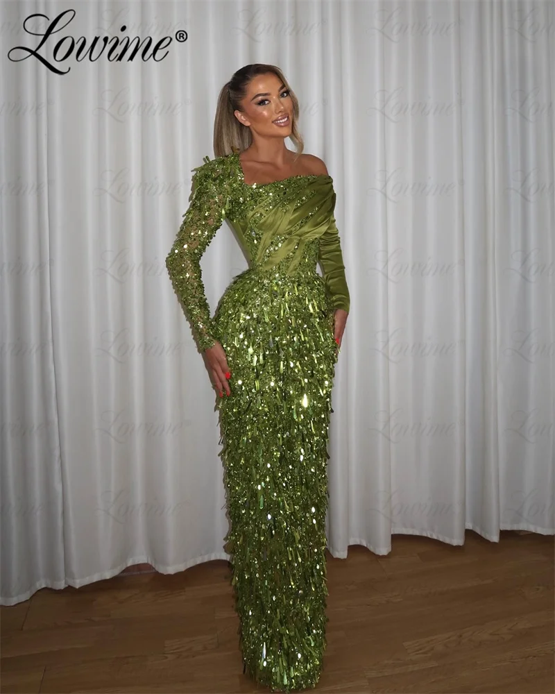 Green Sequined Long Sleeves Formal Evening Dress 2024 Mermaid Aso Ebi Mermaid Prom Dresses Party Second Reception Birthday Dress