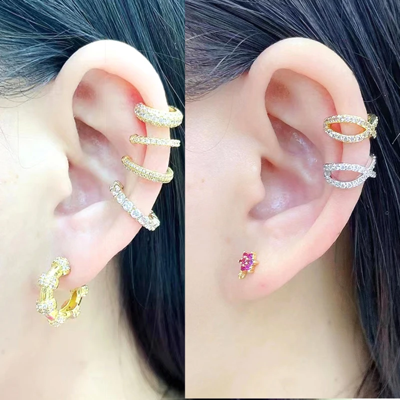 QMHJE Single One Ear Clip Earrings Cuff Arrow Heart Star Cross Rainbow T CZ Gold Silver Color Earring Jewelry Aretes No Pierced