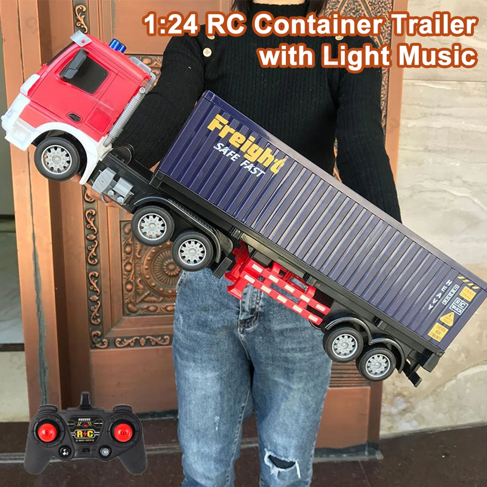 1:24 RC 자동차 무선 조종 자동차 컨테이너 트레일러 운송 트레일러 드럼 트럭 조명 음악 포함 남자아이 장난감 어린이 크리스마스 선물