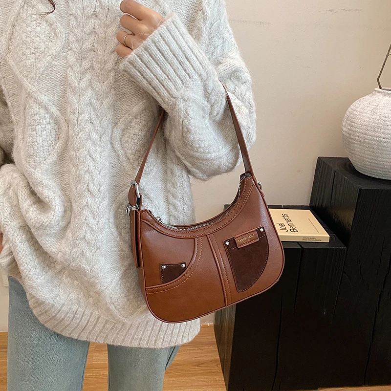 Retro Half-Moon Shoulder Underarm Bags for Women 2025 Spring New PU Leather Handbag Jean Bag Lady Semicircle Small Crossbody Bag