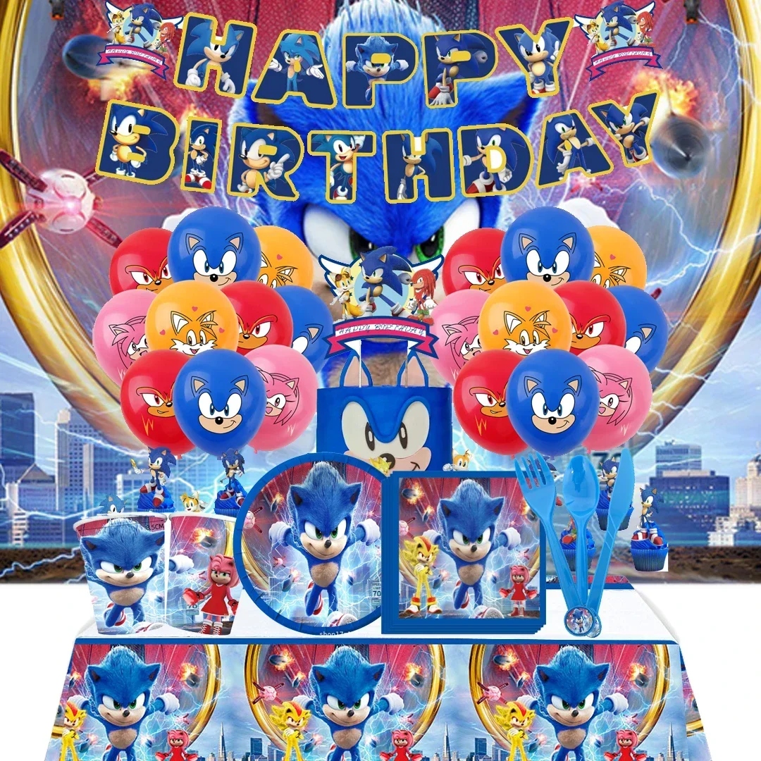 Jogo sonic calças festa de aniversário talheres placa descartável banner bolo topper pendurado bandeira sonic balões conjunto decorações de aniversário