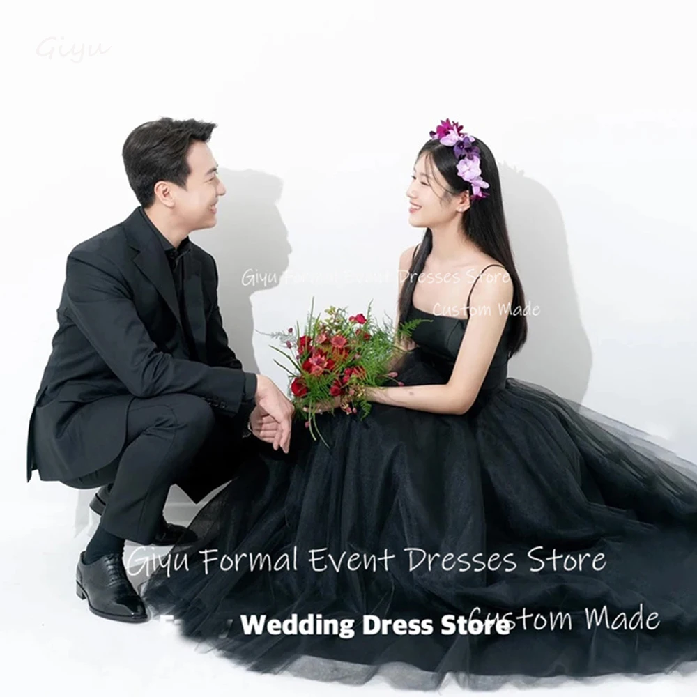 

Giyu Simple Black Tulle Korea Wedding Dress Photography Spaghetti Straps Sleeveless Bridal Gown A Line Floor Length Dresses