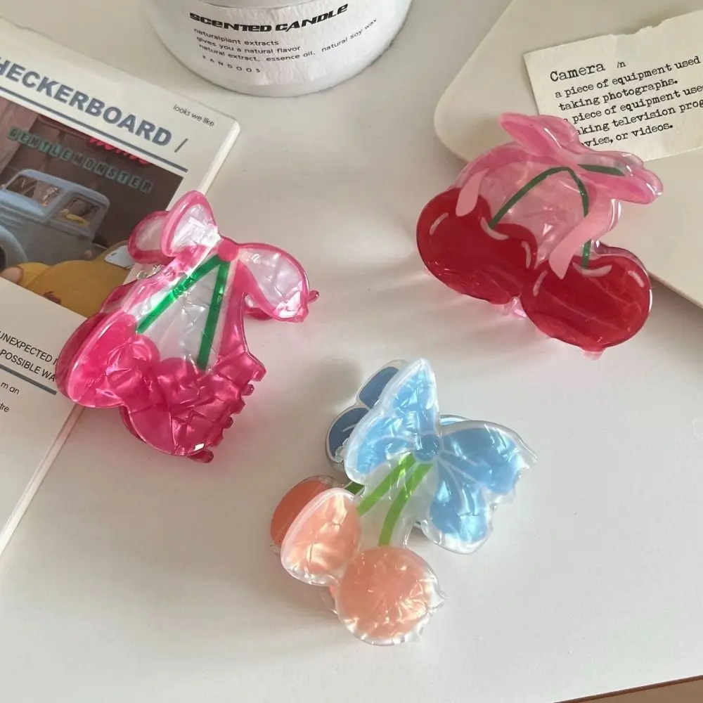 

Cute Cherry Bowknot Hair Claw Clips Glossy Finish Decorative Fruit Hair Clips Lightweight Small Hair Claw Women Girls