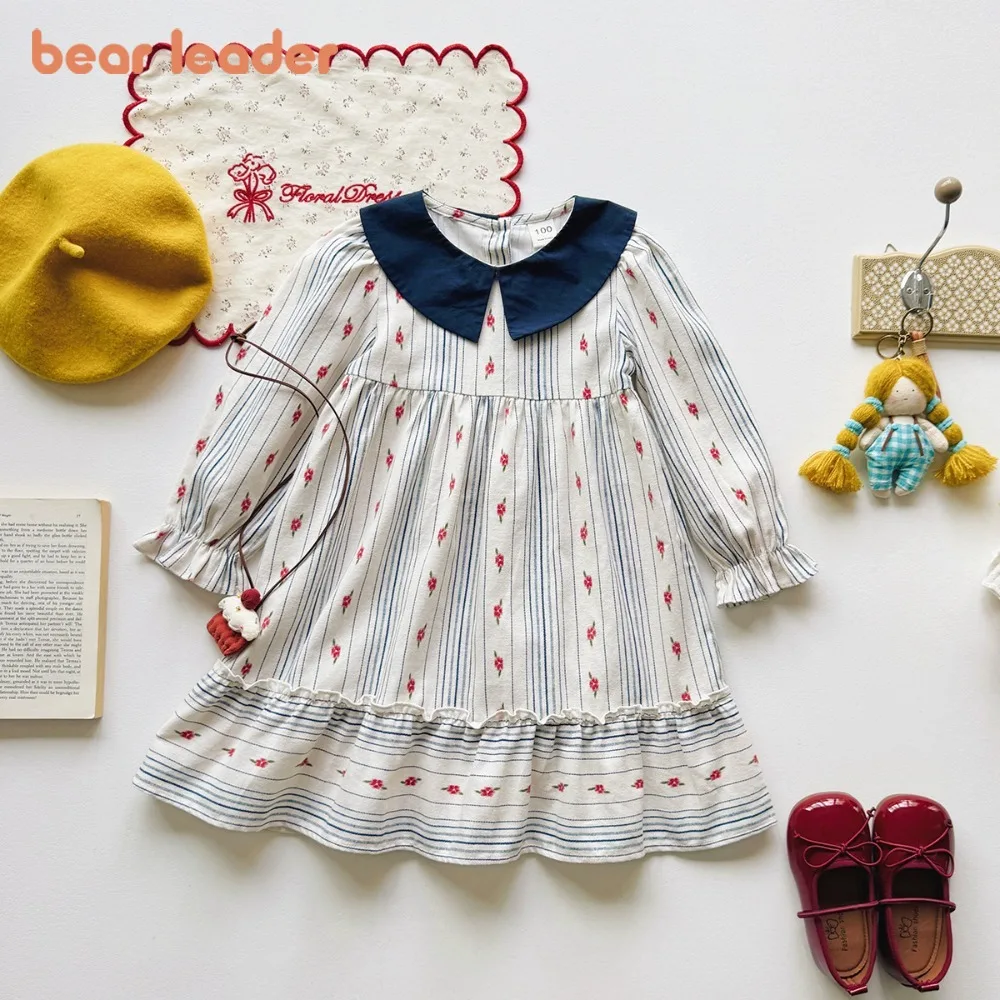 Bear Leader Autumn Children's Clothing Korean Version Striped Flower Lapel Girl Dress Spring Long Sleeved Kids Dresses for Girls
