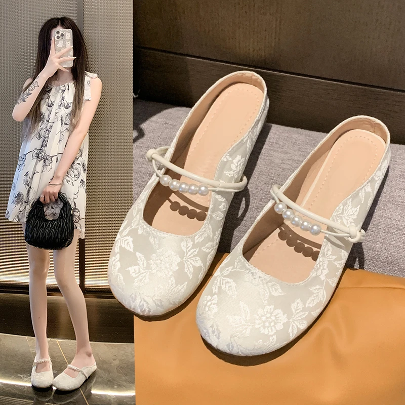 Big Size Female String Bead Ladies Ballet Flats Dance Shoes 2024 Fashion Shallow Footwear Silk Women Mary Janes Lolita Shoes