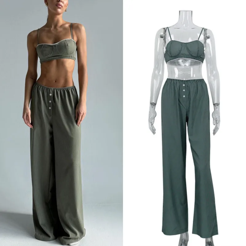 

Summer Women Sexy Striped 2 Piece Set Spaghetti Strap Crop Cami Top High Waist Wide Leg Pants Outfit For Party Date Casual Wear