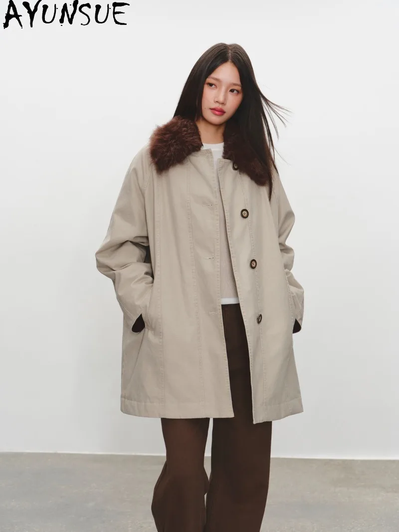 AYUSNUE Womens Parka Goose Down Fill Toka Fur Collar Vintage Loose Fit High-end Mid-Length Winter Outerwear Real Fur Coat New
