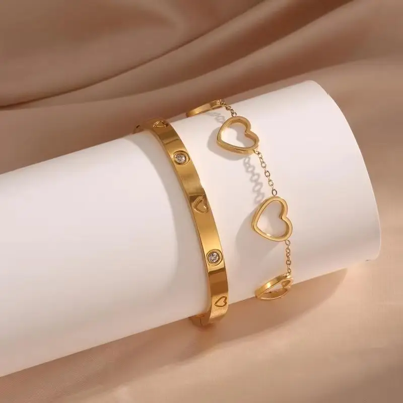 

2Pcs Luxury Stainless Steel Gold color Heart Shape Bracelet for Women Micro-embedded CZ Hollow Bracelet Holiday Gift Jewelry