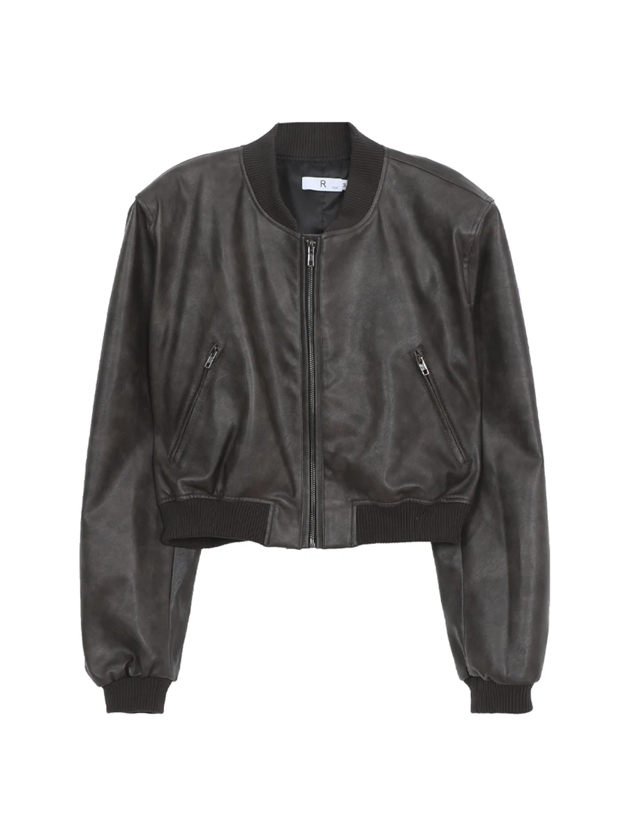 جاكيت جلدي قصير أحمر للنساء بتصميم عصري لخريف 2025، معطف بلون القهوة بطراز الدراجات النارية