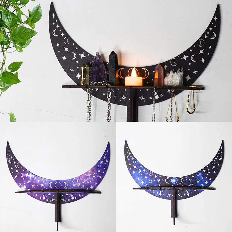 3 Colors Wall Mounted Moon Candle Holder Display Crystal Hanging Placement Shelf Wooden Decoration Candlestick Bohemian Decor