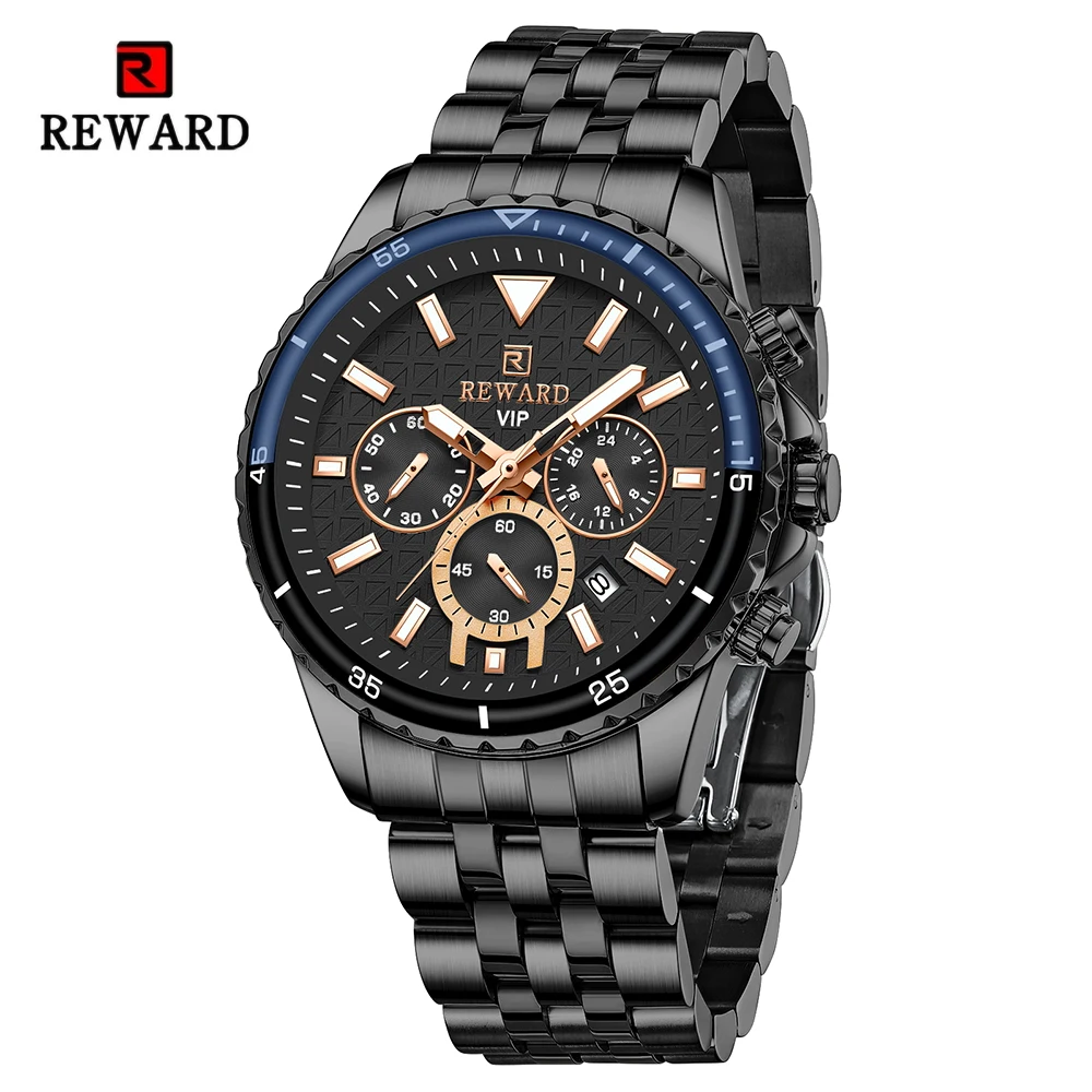 REWARD Fashion Mens Wrist Watch Luxury Chronograph Luminous Date Waterproof Stainless Steel Business Quartz Watches for Man