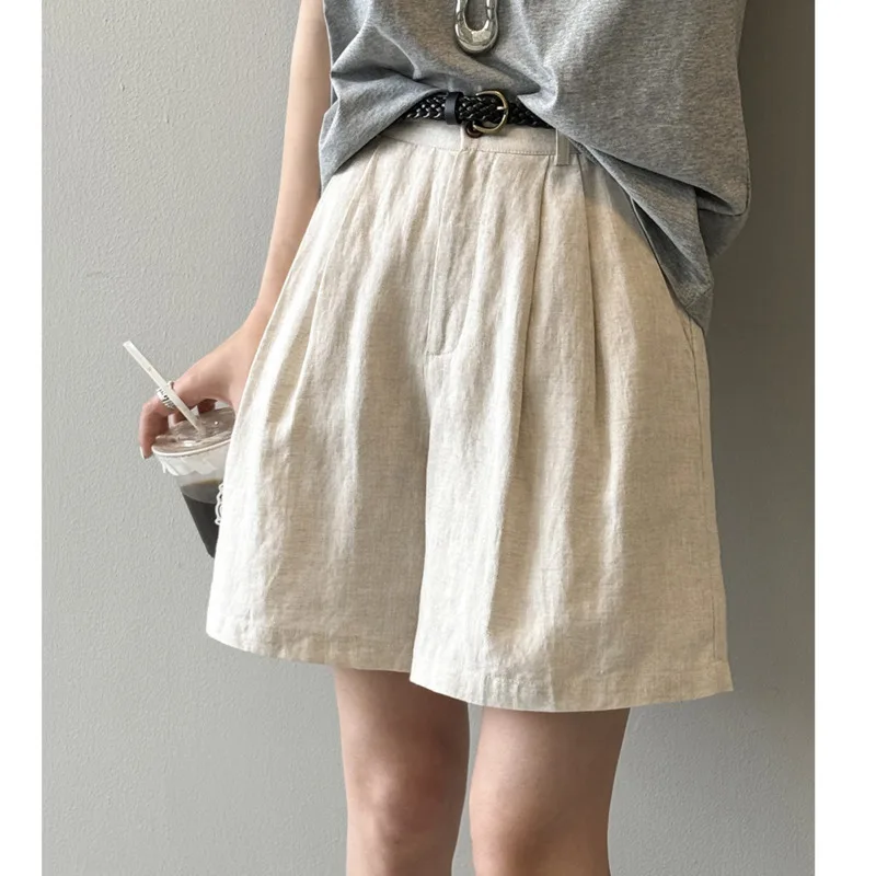 

Women 100% Ramie Casual Shorts Summer High Waist A-line Hemp Straight Thin Wide Leg Shorts