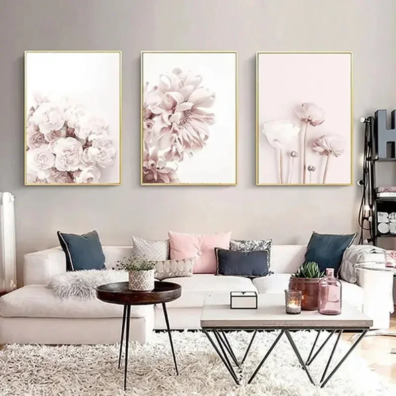 Modern Pop Wall Art Pink White Flowers Leaves Plants Minimalist HD Canvas Poster Prints Home Bedroom Living Room Decoration