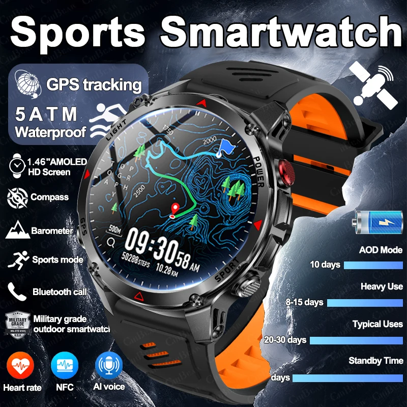 

2025 Новые уличные военные GPS спортивные умные часы мужские встроенные двухдиапазонные GNSS компас высотомер 10ATM Bluetooth умные часы для вызова