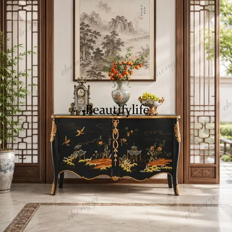 K153 French Chinese style solid wood painted entrance, living room storage, neoclassical retro black entrance