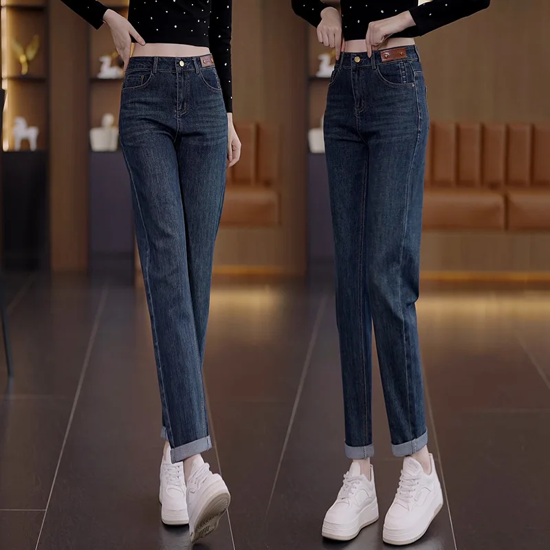 جينز حريم للنساء، سروال كاجوال فضفاض عالي الخصر للربيع والخريف، سروال تنحيف متعدد الاستخدامات وضيق وواسع الساق