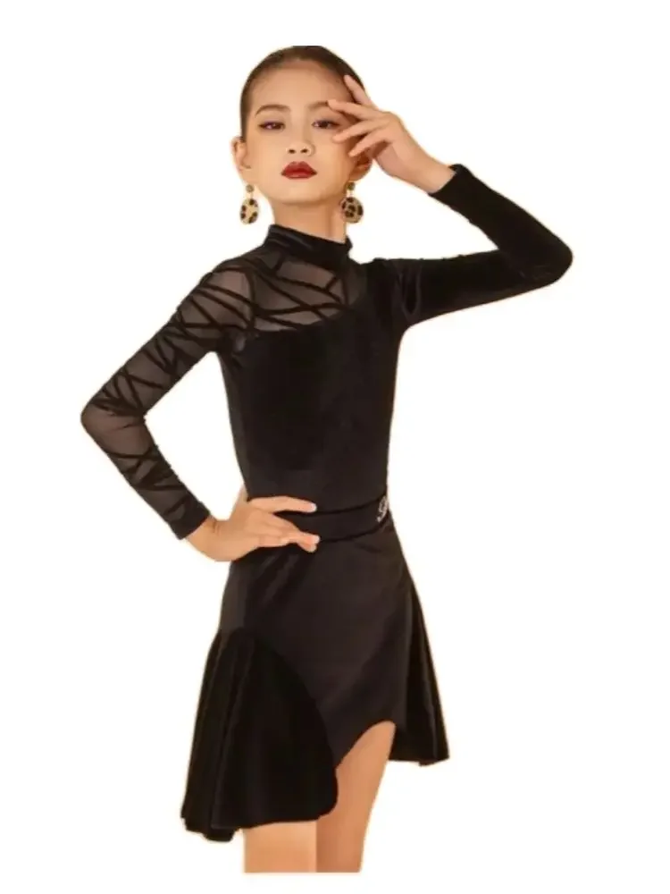 Trajes de dança latina para crianças, collant e saia de renda, tango para meninas, preto