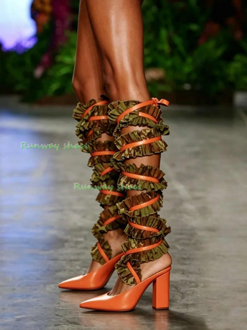 Orange Block Heel Pumps Green Ruffle Lace‑Up Knee High Boots Pointed Toe Wrap Strap Runway Show High Heels  Fashion Women Shoes