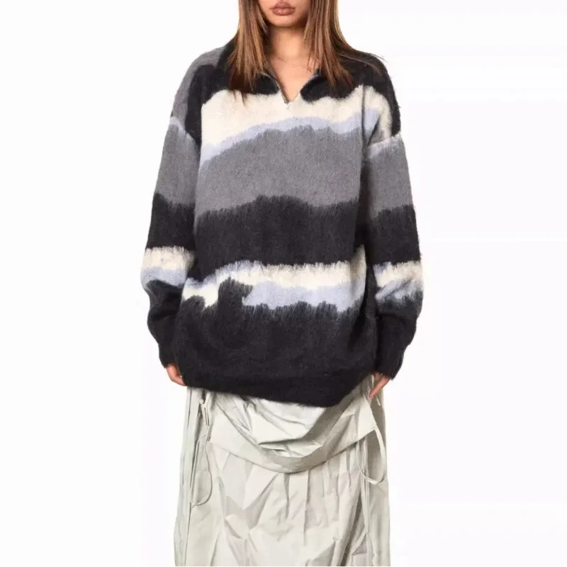 

Autumn Winter New Lazy Style Faux Mink Color Block Striped Sweater Unisex American Casual Lapel Knit Top Trendy
