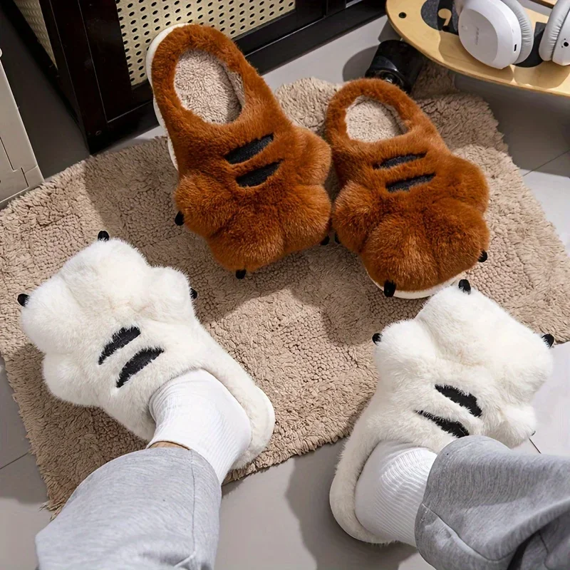 Men Women Cute Tiger Claw Furry SlippersWinter Novelty Animal Paw Fluffy Thick Bottom Non Slip Warm Indoor Outdoor Slip On Shoes