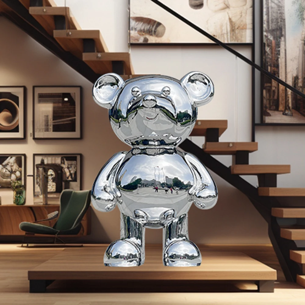 Metal Art Cartoon Bear Sculpture Decoration Interior Ornament Stainless Steel Sculpture Support Customization