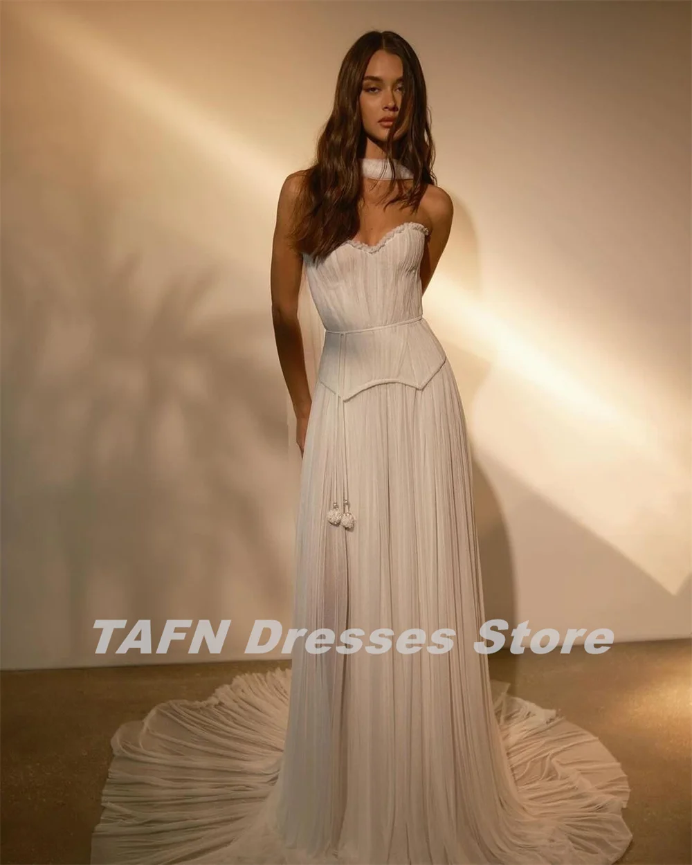 TAFN French Evening Dresses Sweetheart Collar Strapless A-line Long Prom Party Gown Drape Sweep Train robes de soirée Customized