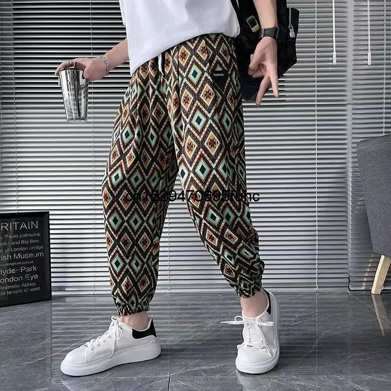 Striped Casual Trousers Men\'s Thin Cropped Pants Trendy Brand 2024 New Ruffian Handsome Ice Silk Men\'s Harun Pants All-match