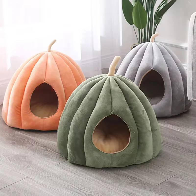 Winter Warm Cat Nest Pumpkin Shape Cat Bed Enclosed Cozy Pet Sleeping House Comfortable Cat Sleeping Bed Washable Kitten Home