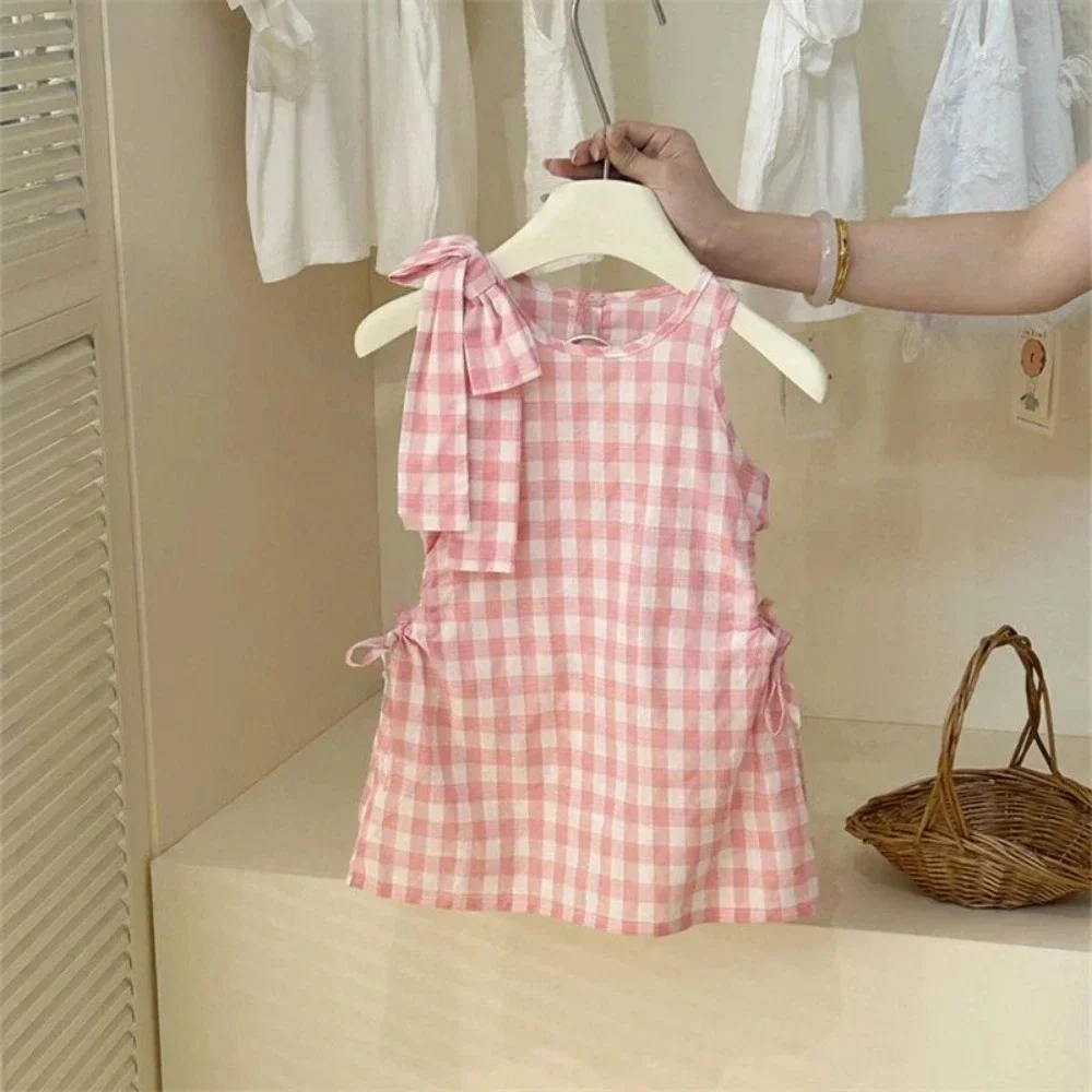 

Корейская версия милой и милой одежды для девочек, розовое и белое платье принцессы без рукавов с клетчатым бантом, летний новый стиль
