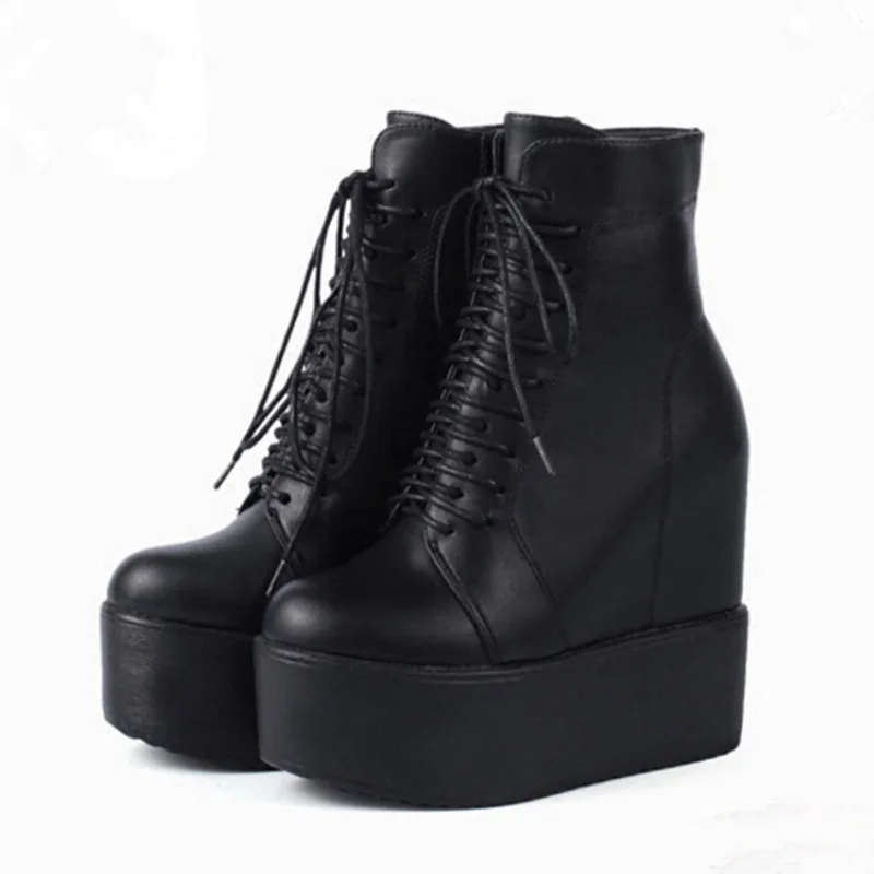 14cm Ultra High Heel Short Boots Inner Height Increase Thick Sole Women Autumn Winter Shoes Black Lace Up Wedges Botas Mujer