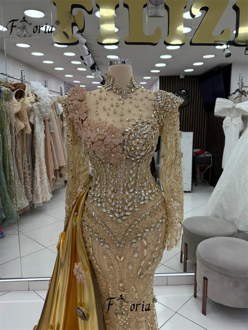 

Свадебные платья Luxo Crystals Mermaid с боковым шлейфом и золотыми бусинами, вечернее платье для женщин в дубайском стиле, Robe de Mariee, индивидуальный пошив, 2026