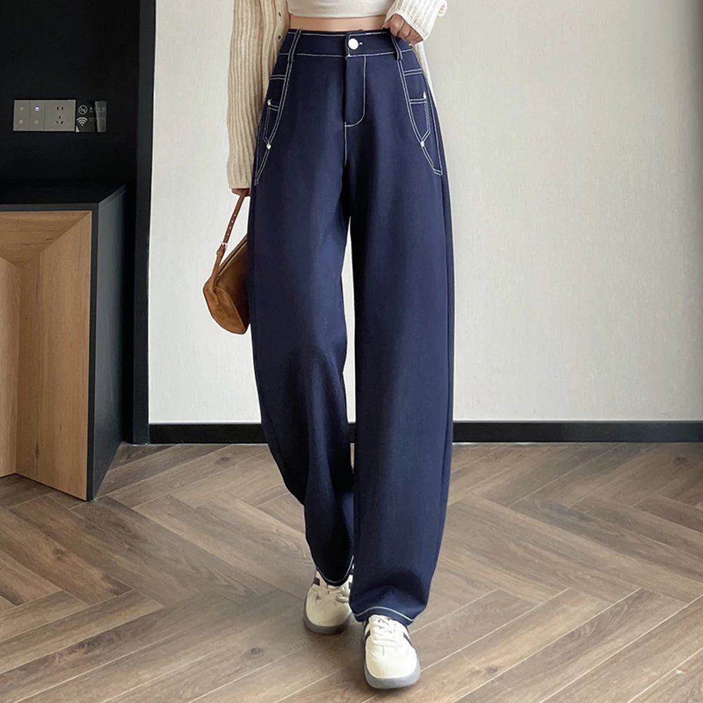 

Синие джинсовые широкие брюки-банан для женщин на весну и осень, новые высококачественные однотонные модные брюки плюс свободные повседневные серповидные брюки